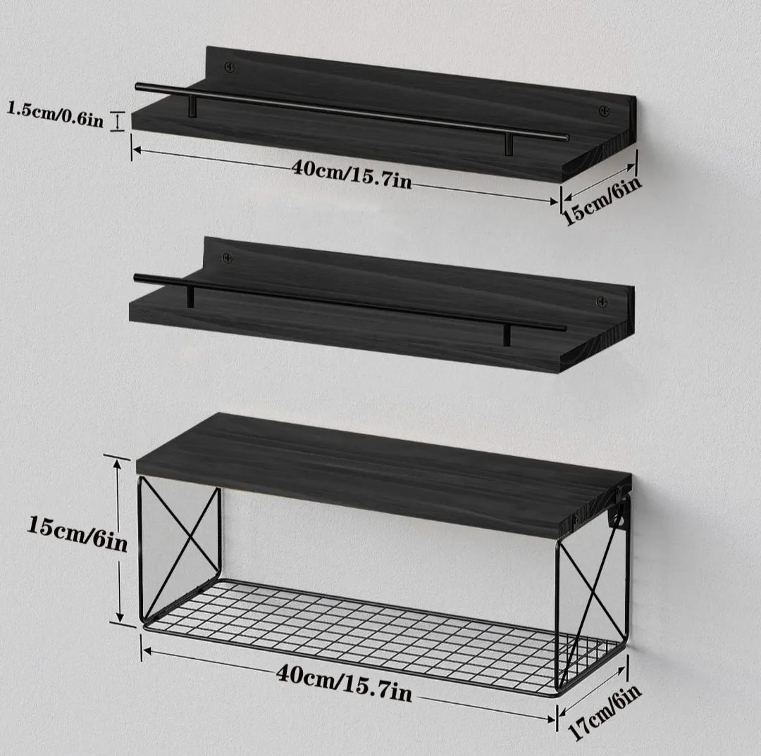 Wood Floating Shelves with Metal Guardrail and Storage Basket image indicator(3)