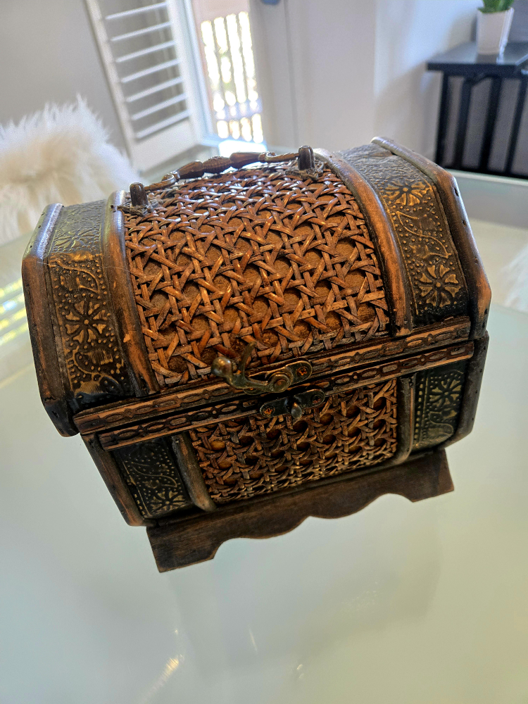 Vintage Wooden Treasure Chest with Rattan Detail
