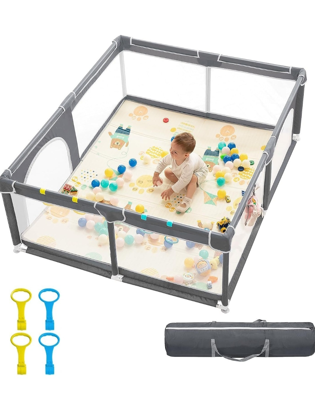 Baby Playpen, Portable Play Yard with Zipper Door & Storage Bag