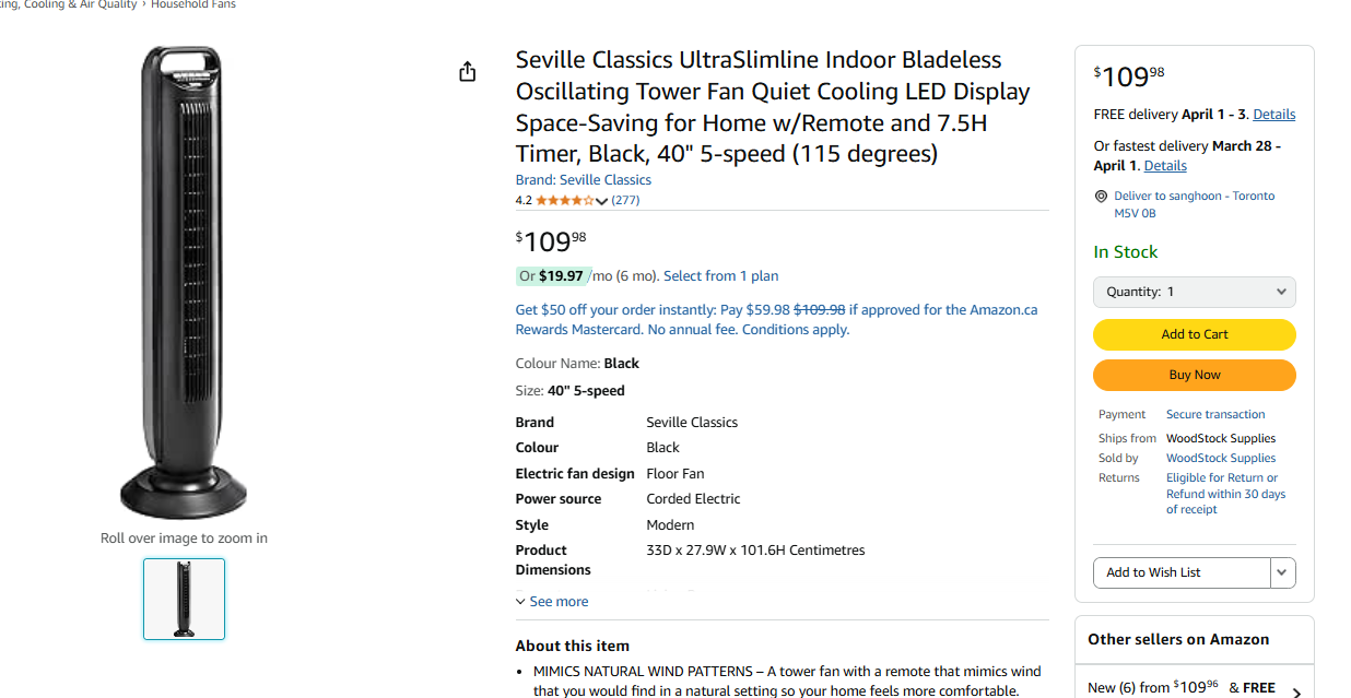 Seville Classics UltraSlimline Oscillating Tower Fan