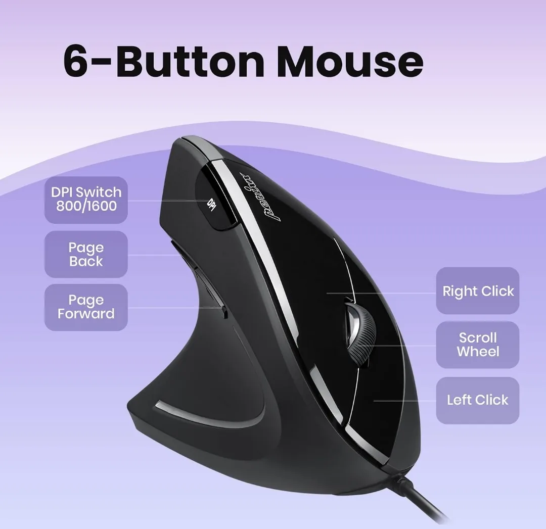 Left-Handed Vertical Ergonomic Mouse - 6 Buttons, 800/1600 DPI image indicator(4)