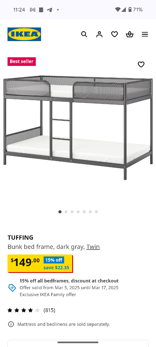 IKEA TUFFING Bunk Bed Frame, Dark Gray, Twin + Mattresses - photo 4