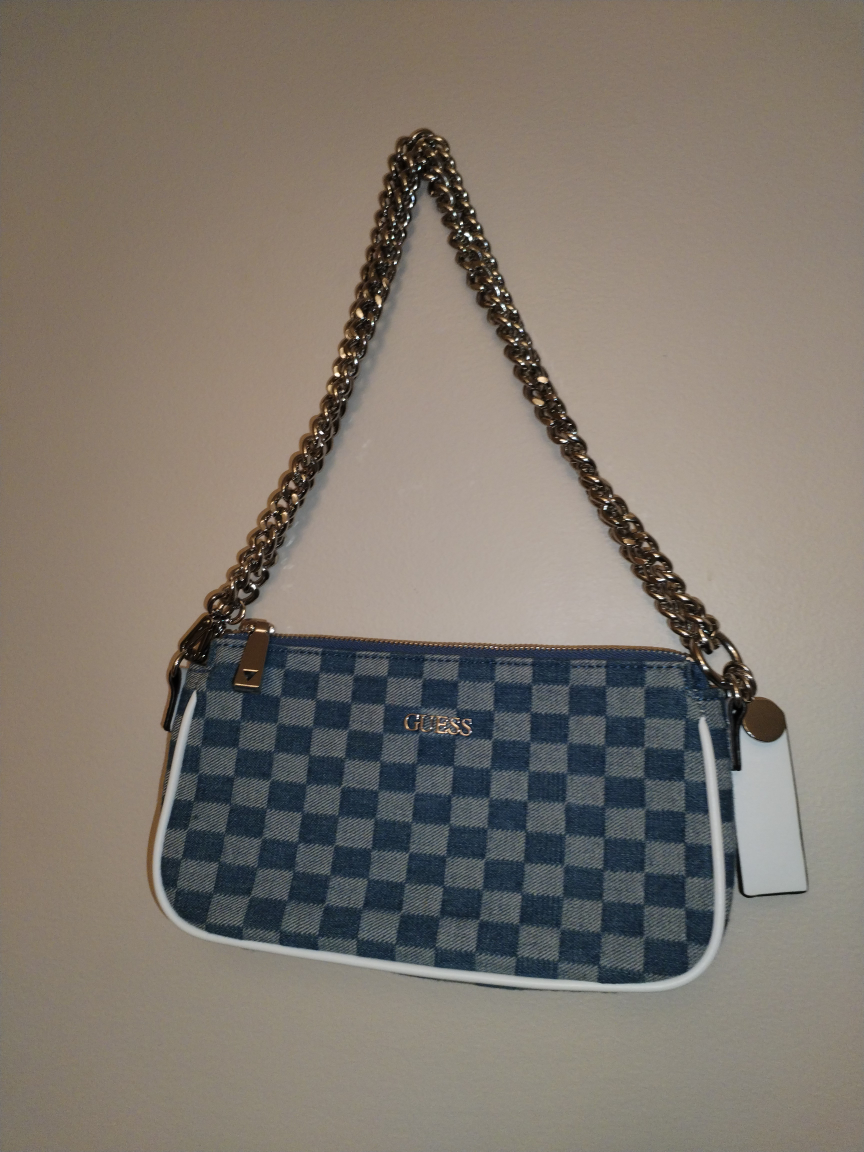 Blue Guess Checkered Chain Bag