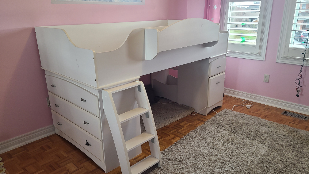White Low Loft Bed with Storage and reading nook