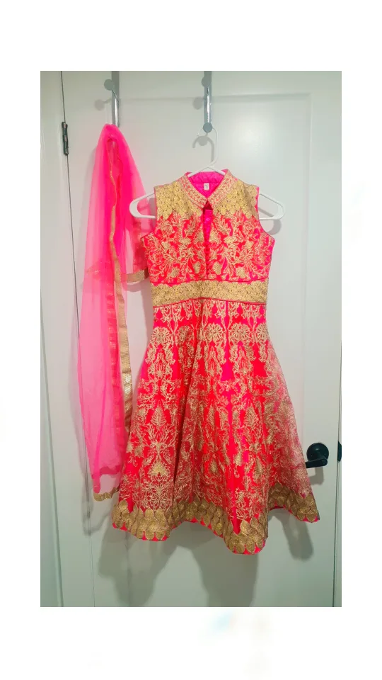 Girls' Pink and Blue Embroidered Dress with Matching Dupatta image indicator(6)