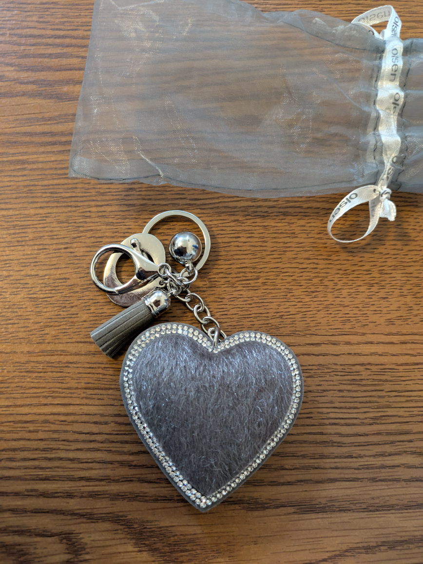 Grey Heart-Shaped Keychain with Rhinestones