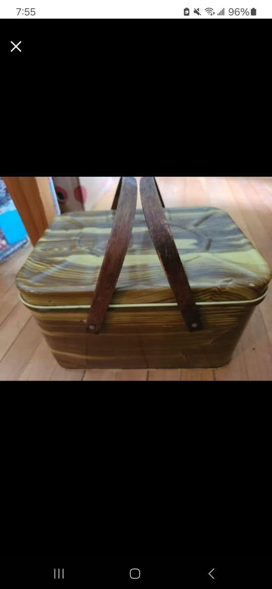 Vintage Metal Picnic Basket with Wooden Handles
