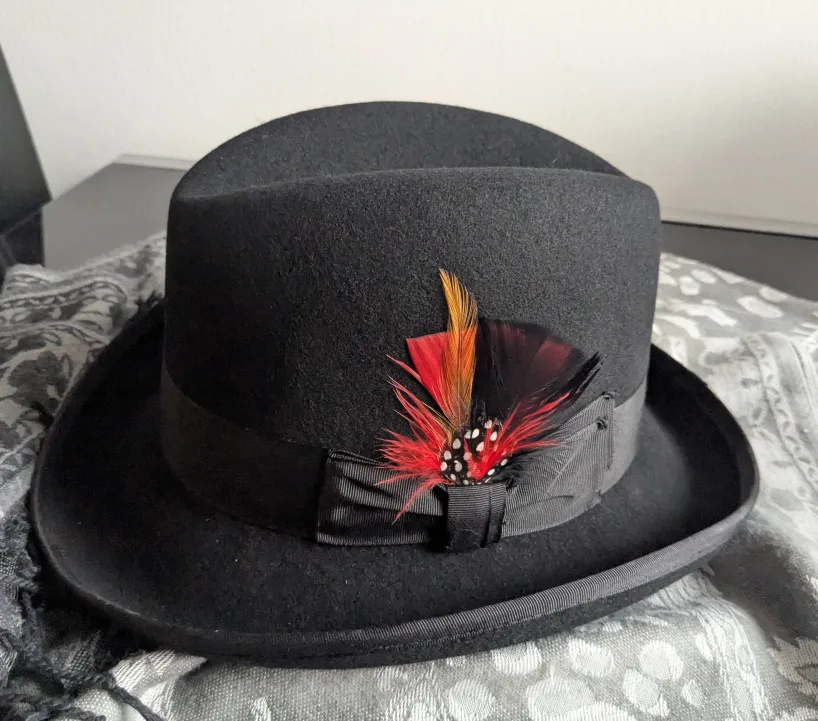 100% Wool Black Fedora Homburg Hat with removable Feather image indicator(3)