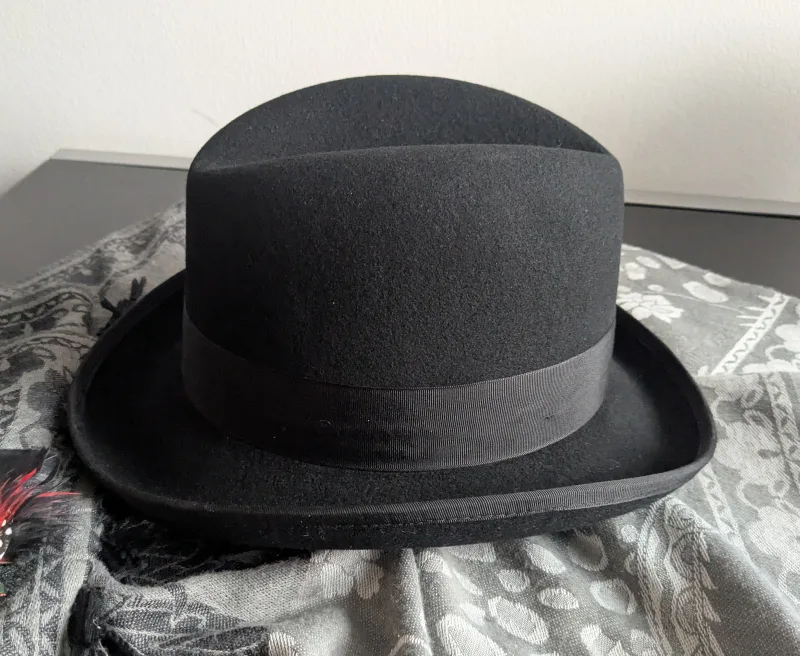 100% Wool Black Fedora Homburg Hat with removable Feather image indicator(4)