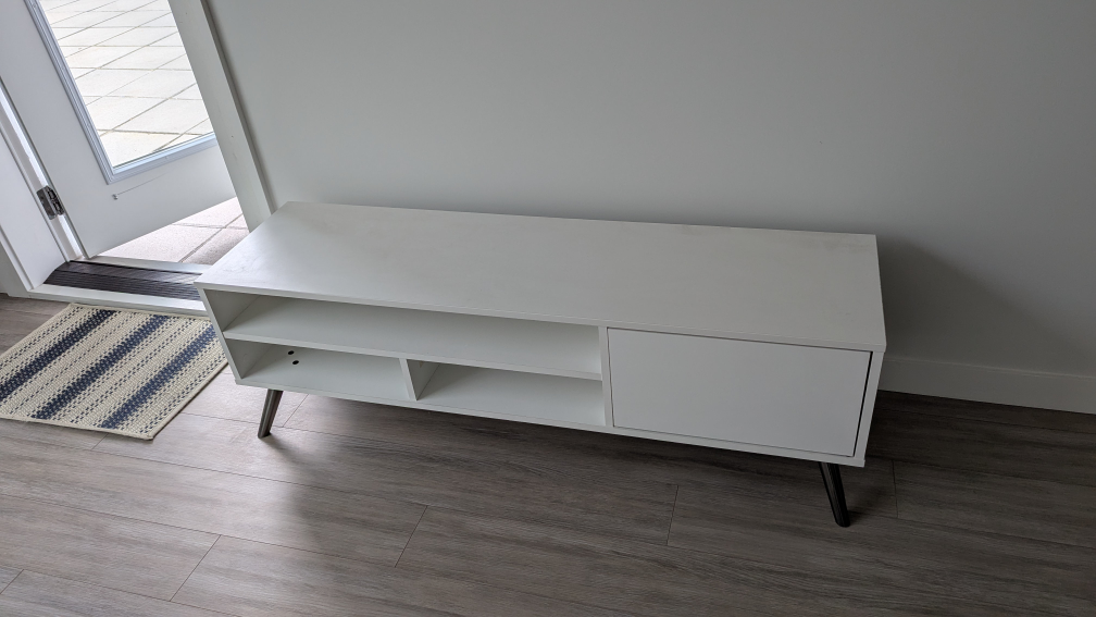 White TV Stand with Cabinet and Open Shelving