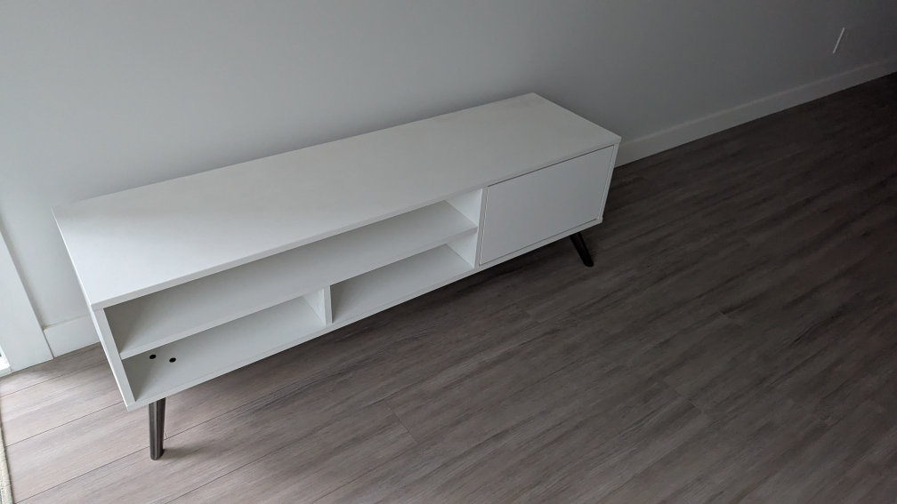 White TV Stand with Cabinet and Open Shelving - photo 2