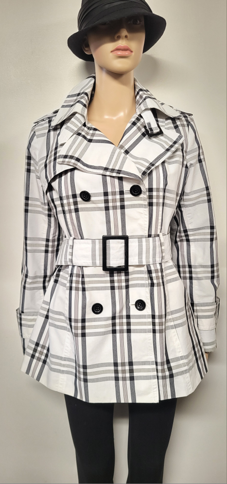 Women's White and Black Plaid Trench Coat