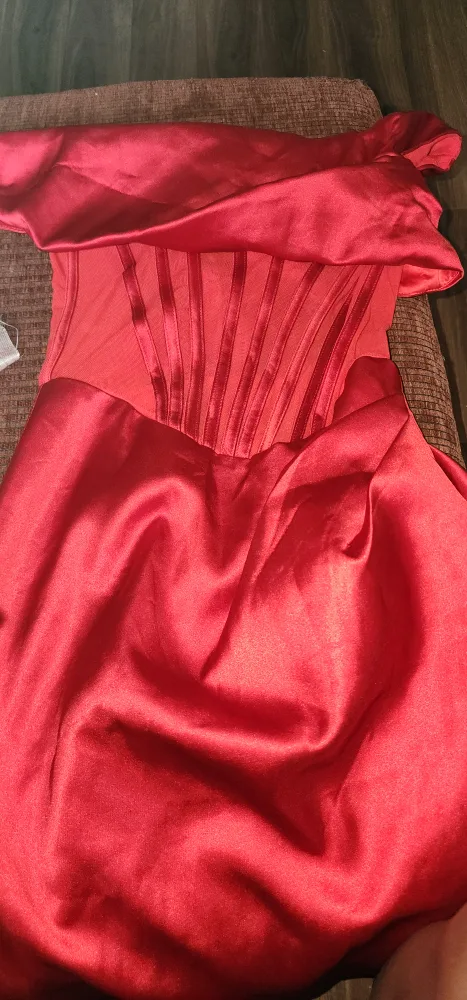 classic Red Satin long slit Dress thumbnail