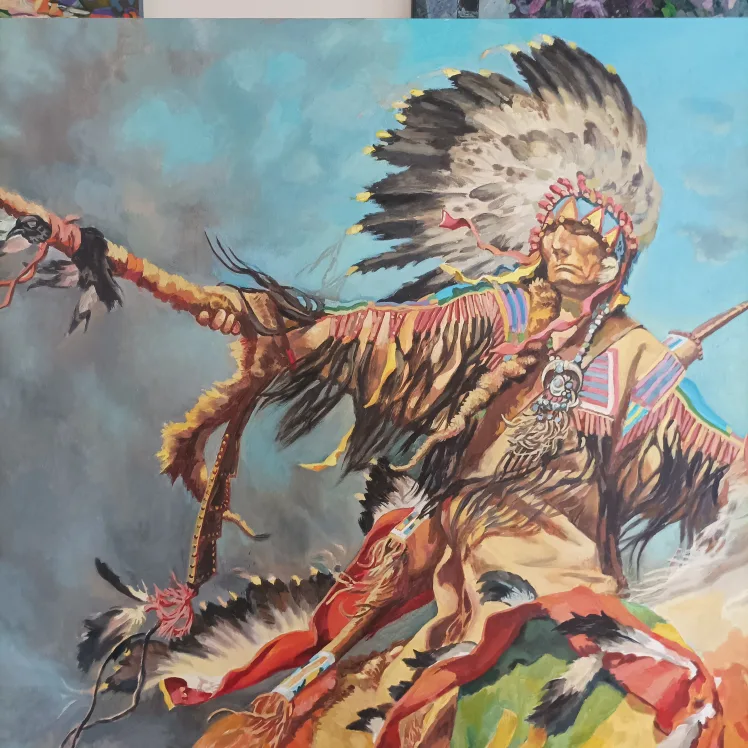 Large Native American Horseman Oil Painting image indicator(3)