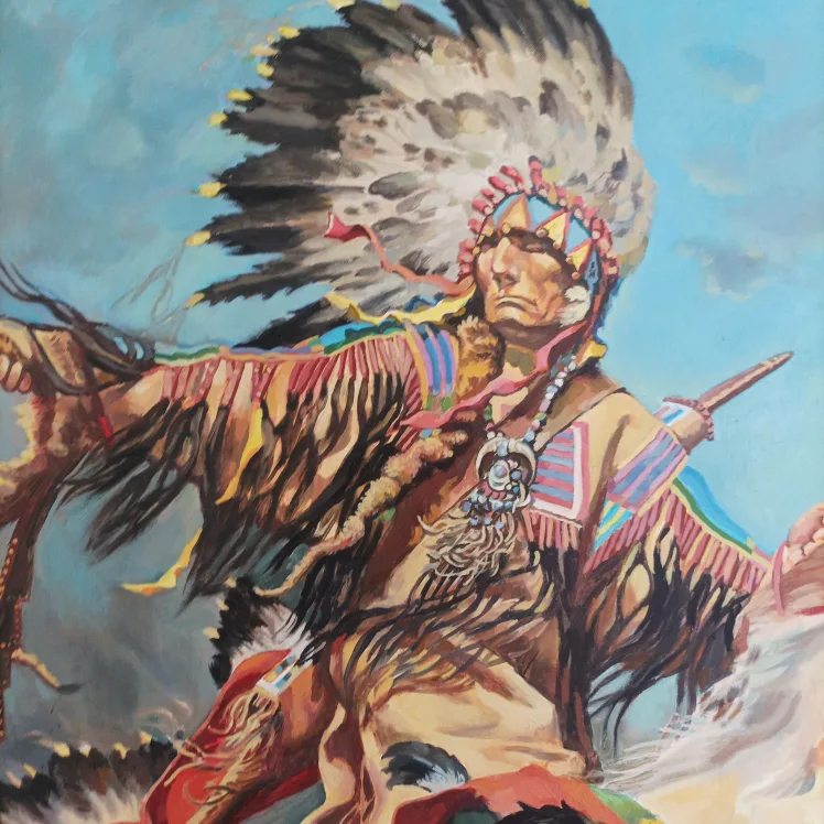 Large Native American Horseman Oil Painting image indicator(5)
