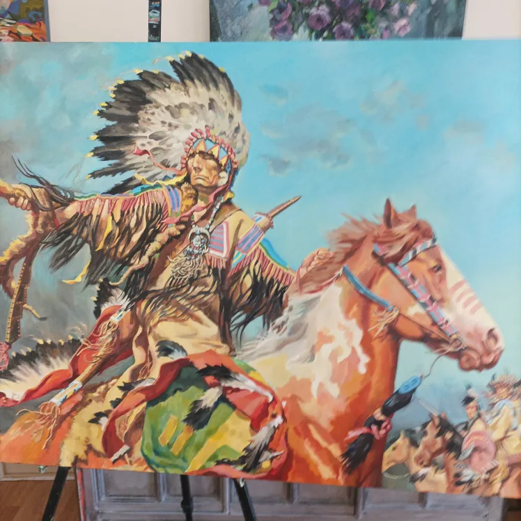 Large Native American Horseman Oil Painting image indicator(7)