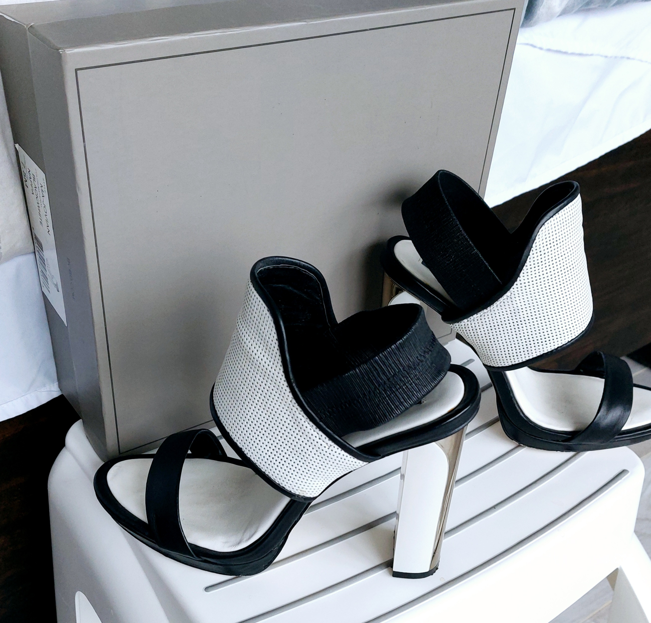 BCBGMAXAZRIA Black and White Perforated Leather Heels