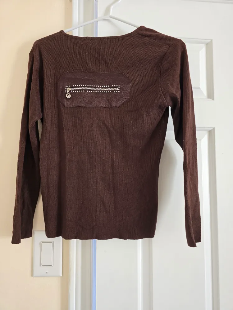 Brown long sleeve sweater with unique zipper detail image indicator(2)