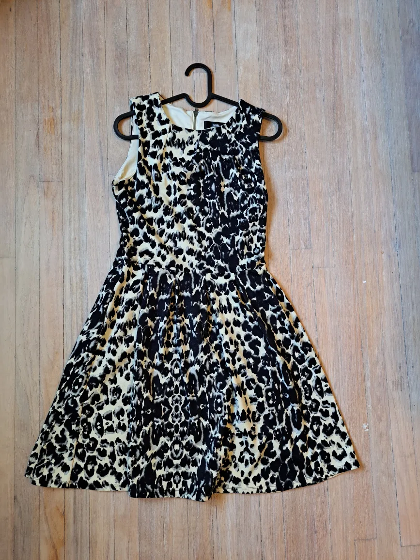 Black and Beige Leopard Print Sleeveless Fit and Flare Dress thumbnail