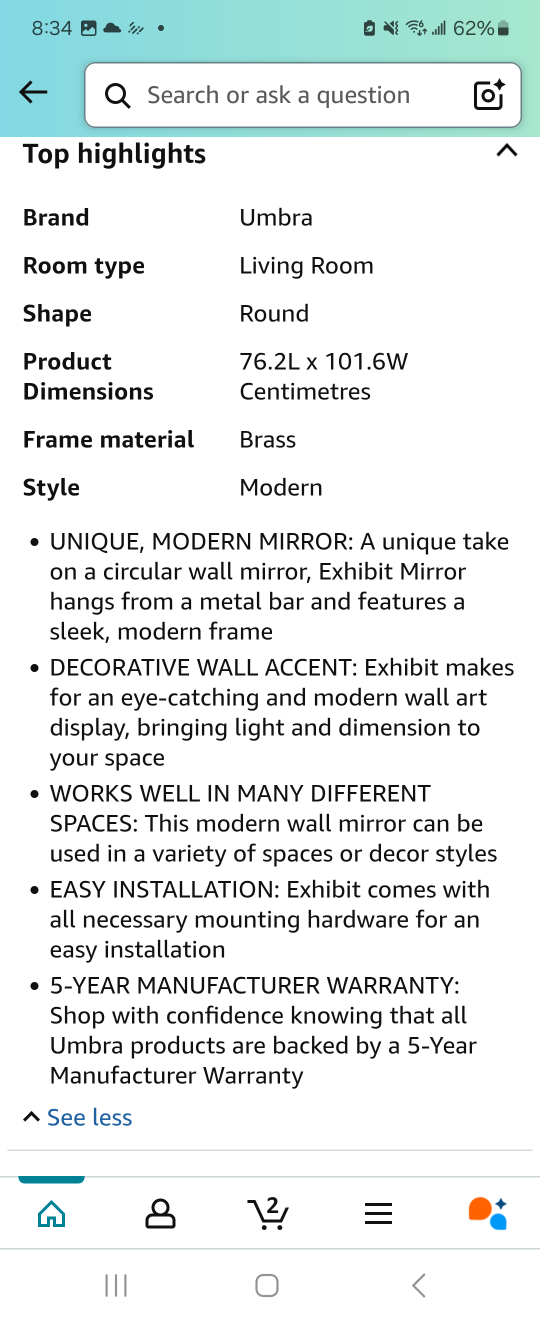 NEW UNOPENED! Umbra Exhibit Round Wall Mirror - Brass Frame - photo 2
