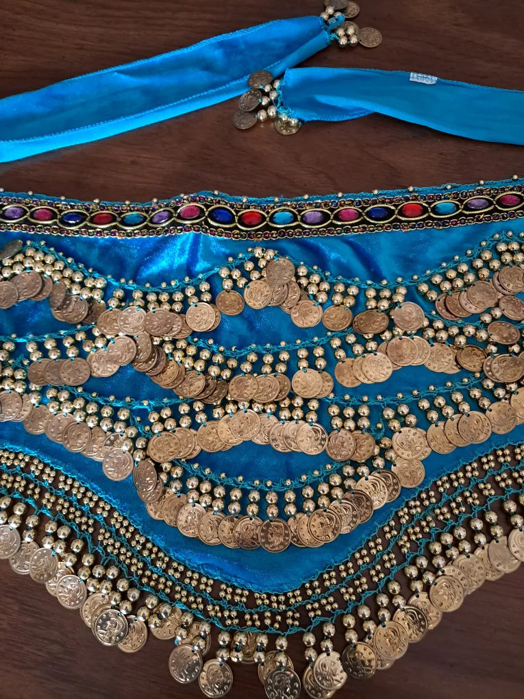 Belly Dance Hip Scarf - Turquoise with Gold Coins image indicator(2)