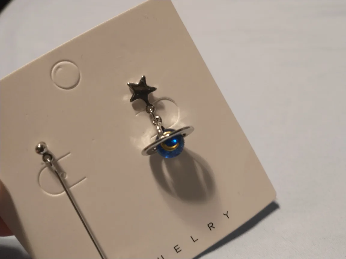 Asymetrical blue and silver star and planet earrings image indicator(4)