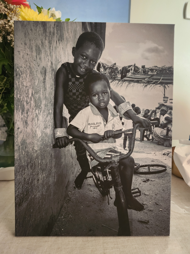 Black and White Canvas Print of Children on Bicycle - photo 2