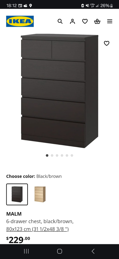IKEA MALM 6-Drawer Chest - Black/Brown