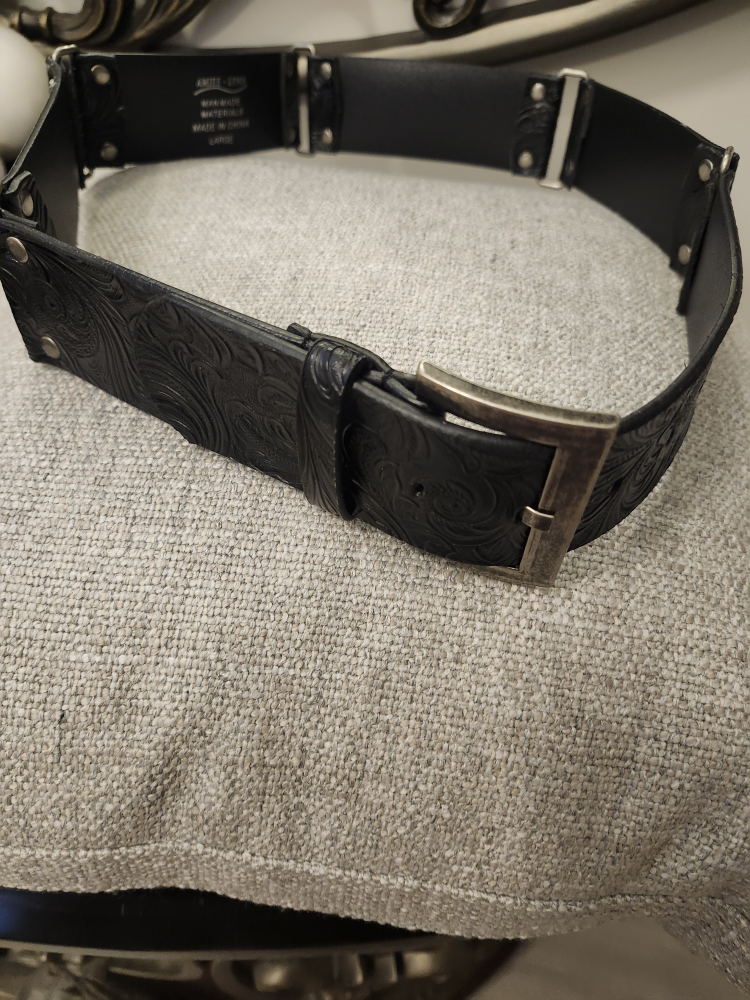 Black Leather Belt with Floral Design