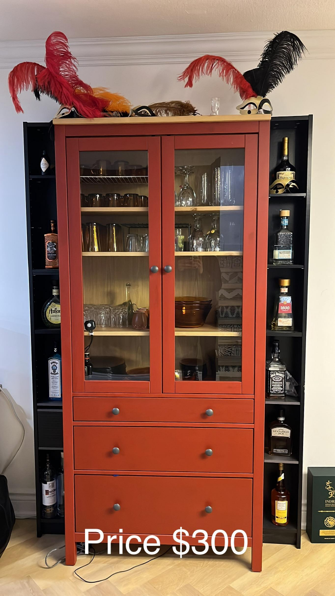 Red Wooden Bar Cabinet with Glass Doors