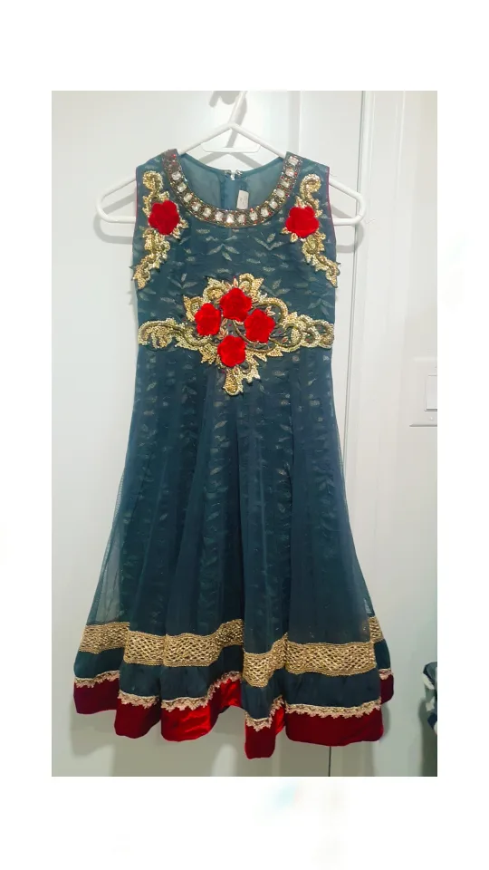 Girls' Pink and Blue Embroidered Dress with Matching Dupatta image indicator(8)