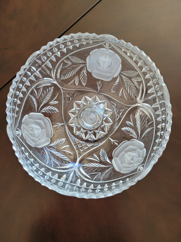 Vintage Crystal Pedestal Bowl with Rose Design
