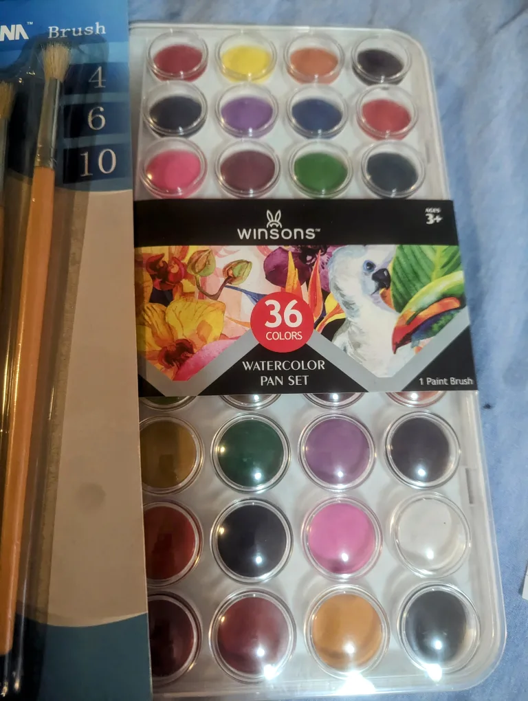 36 different watercolor paints tray and 3 paint brush set image indicator(3)