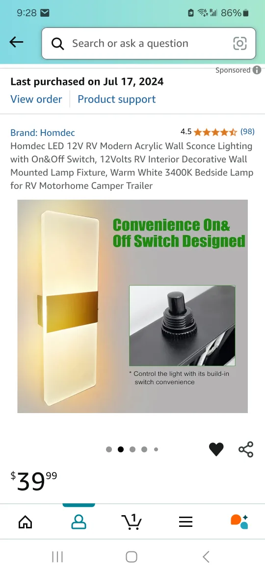 NEW ~ Homdec RV LED Wall Sconce - Modern Acrylic Lamp image indicator(3)