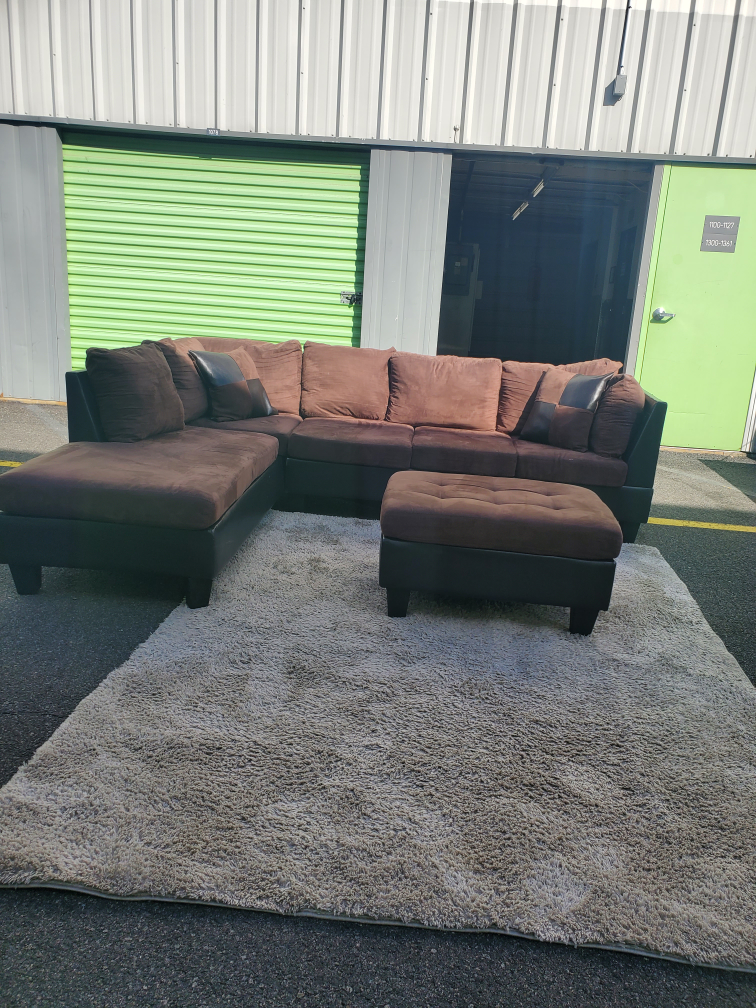 Brown L-Shaped Sectional Sofa with Ottoman