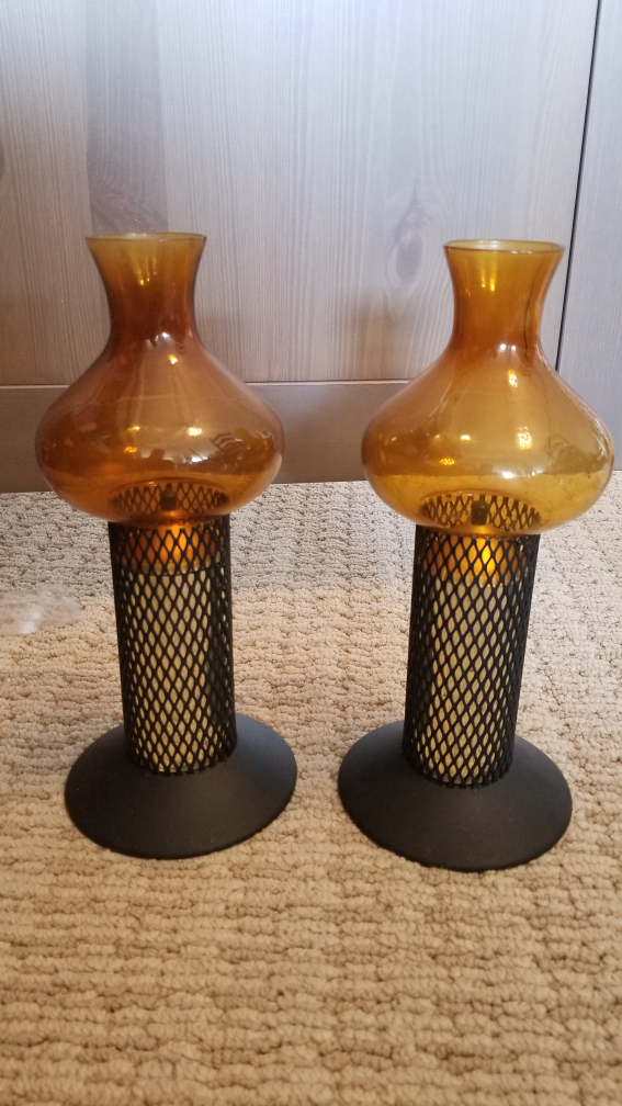 Pair of Amber Glass Candle Holders
