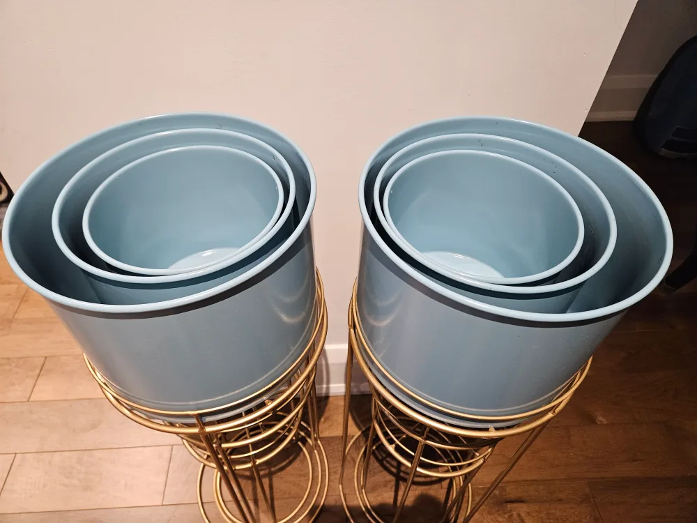 6 Gold Metal Plant Stands with Blue Planters image indicator(2)