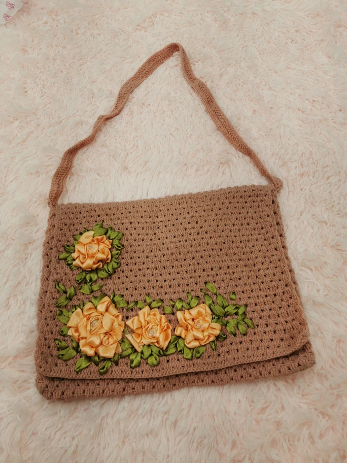 Handmade Crochet Shoulder Bag with Ribbon Embroidery