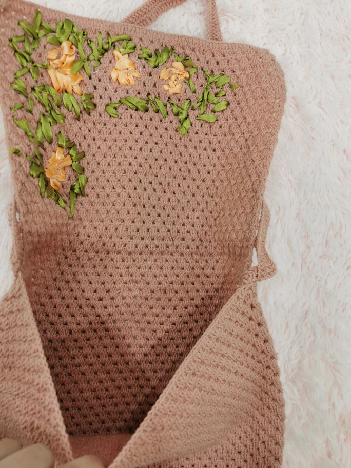 Handmade Crochet Shoulder Bag with Ribbon Embroidery - photo 3