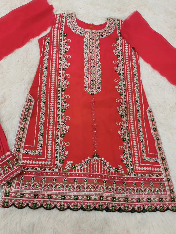 Girls' Red Embroidered Shalwar Kameez Suit - photo 3