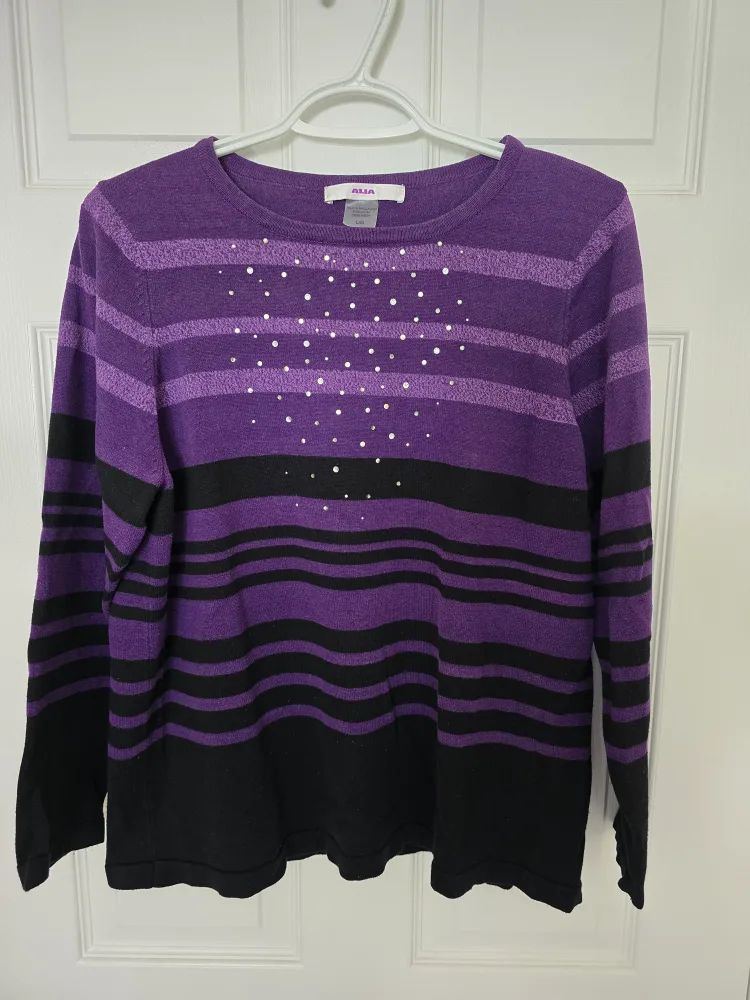 ALIA Purple and Black Striped Sweater - Size L/G thumbnail