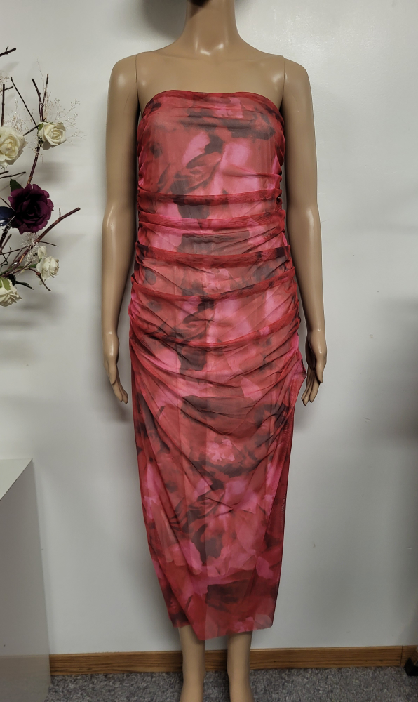 Stunning Red Floral Mesh Midi Dress