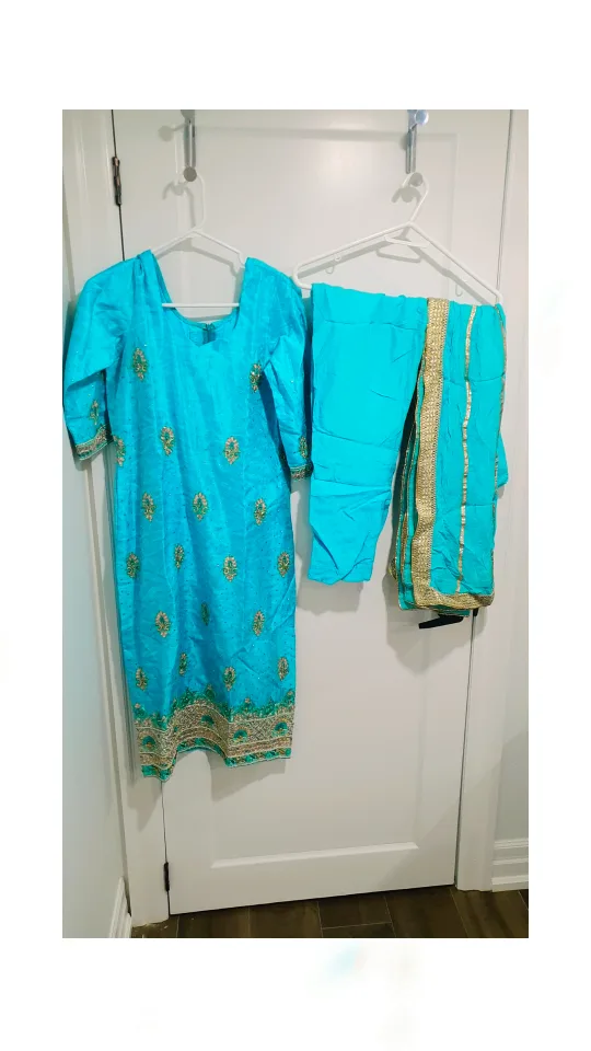 Beautiful Turquoise Salwar Kameez with Gold Embroidery image indicator(3)