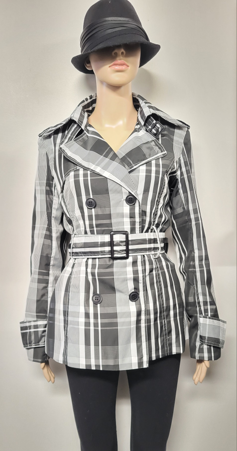 Women's Black and White Plaid Trench Coat