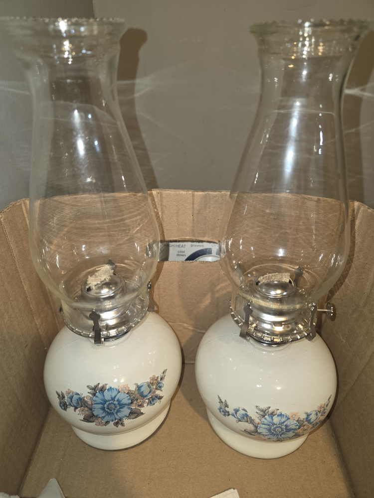 Pair of Vintage Oil Lamps with Floral Design