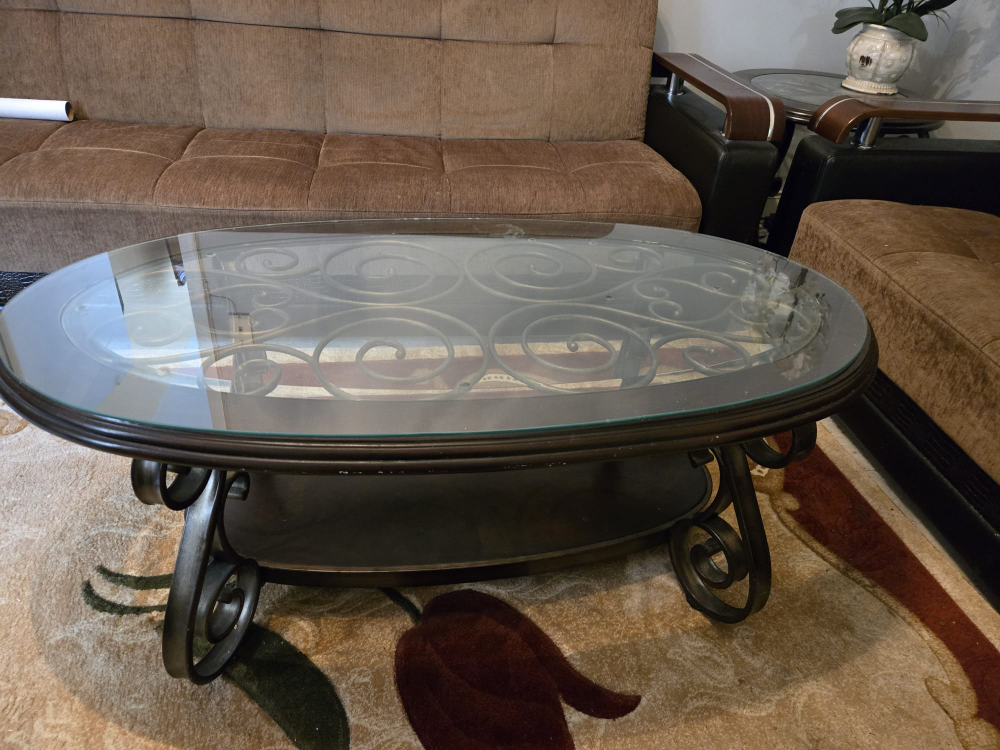 Oval Glass Top Coffee Table with Metal Accents