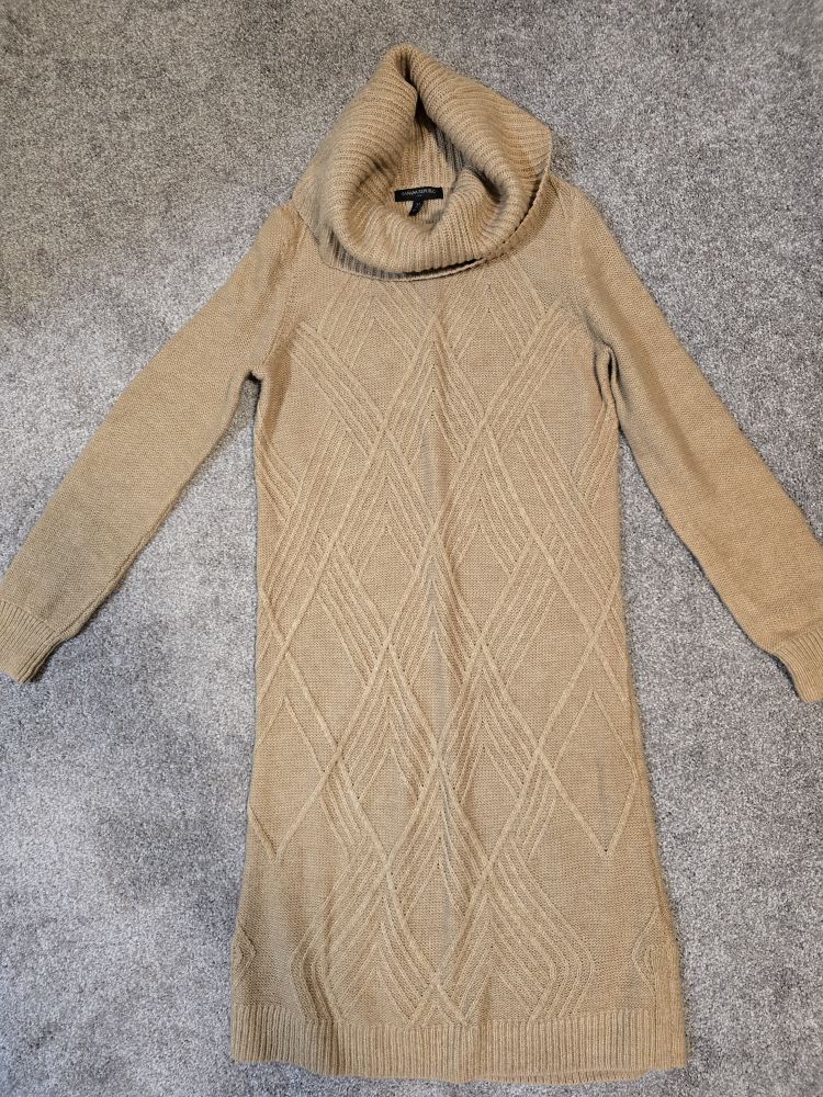 Tan Cowl Neck Knit Sweater Dress