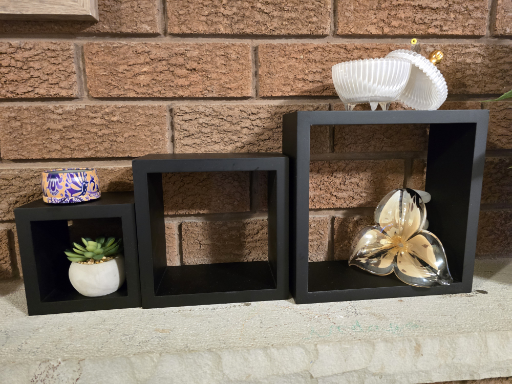 Set of Three Black Cube Shelves with Decor