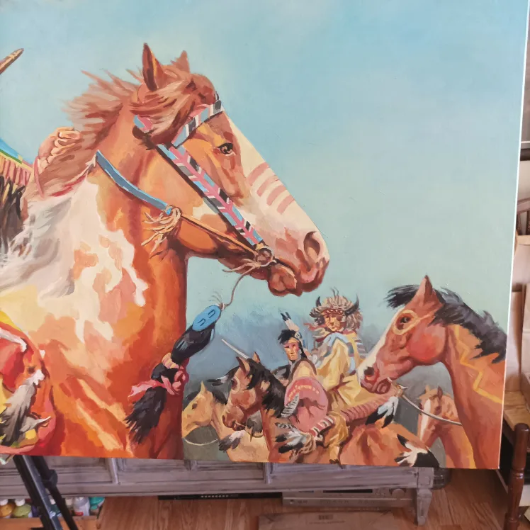 Large Native American Horseman Oil Painting image indicator(8)