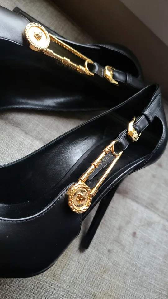 Authentic Versace Black Leather Safety Pin Heels image indicator(8)